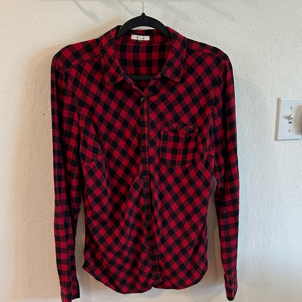 Maurices, red and black flannel button up top, size large, excellent condition
